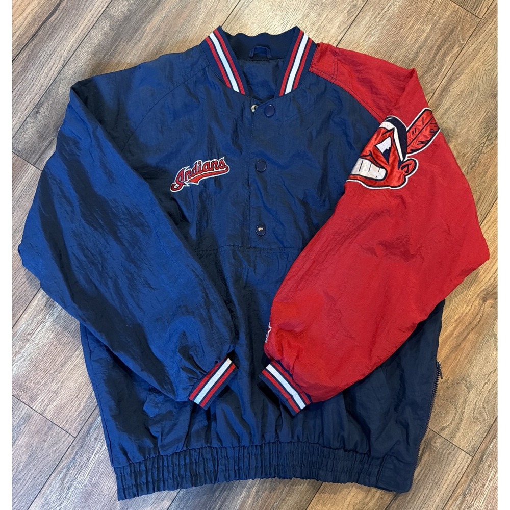 Vintage Starter Cleveland Indians Pullover Jacket Chief Wahoo Men's XL Blue MLB